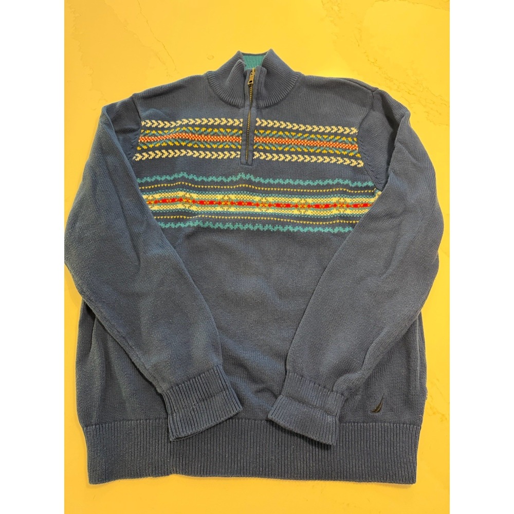 Nautica Quarter Zip Sweater Mens Medium Blue Multicolor Excellent Fair Isle Knit